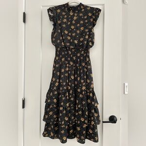 Saks Fifth Avenue Black Floral Smocked Midi Dress – Size 4